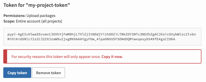 Generated pypi token